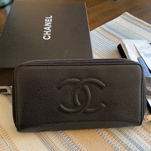 Chanel black caviar zip around wallet